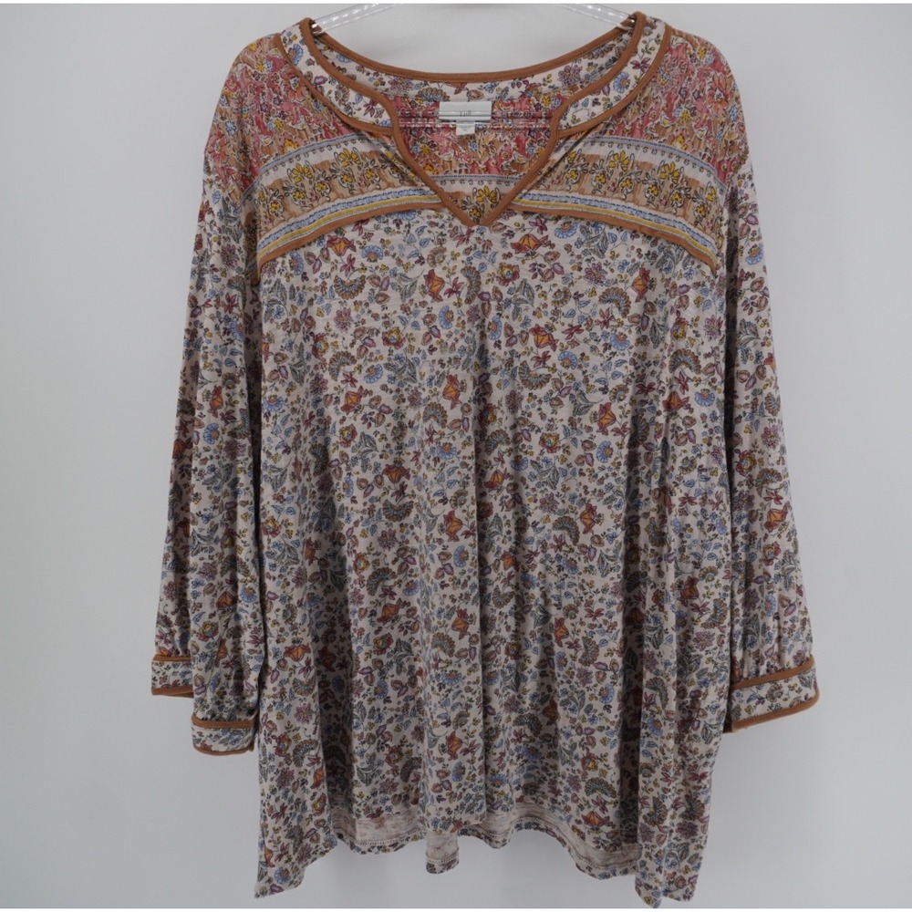 J. Jill Floral Print Split Neck Top 3X Pink Tan Bohemian Artsy boho